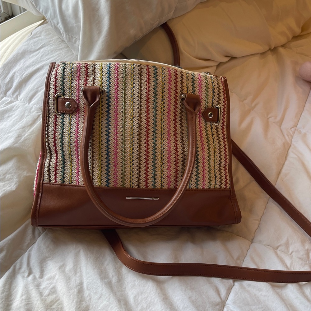 Cambodian faux Leather Trim woven Multicolored, pockets Shoulder purse Boho Bag